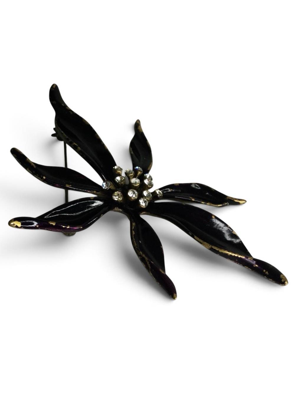 Vintage Ben-Amun Antiqued Gold-Tone Black-Purple Enamel Floral Rhinestone Brooch - Picture 10 of 14